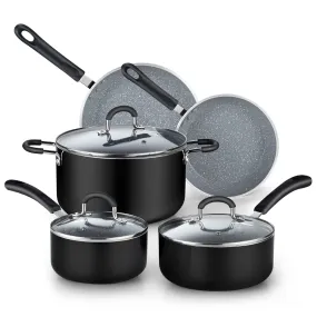 Cook N Home 8-Piece Nonstick Heavy Gauge Cookware Set, Black with Marble coating