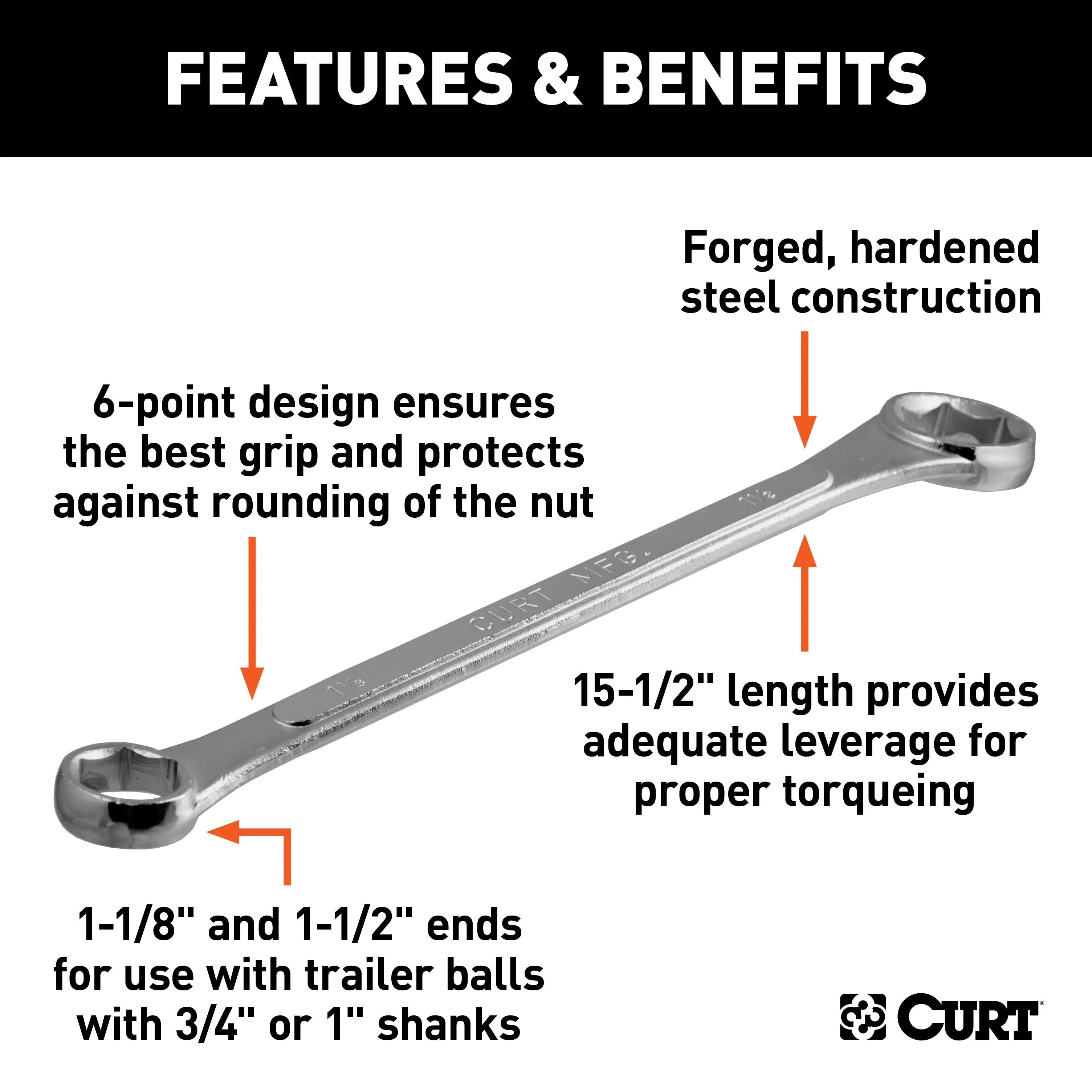 CURT 20001 Trailer Ball Box-End Wrench (Fits 1-1/8in. or 1-1/2in. Nuts)