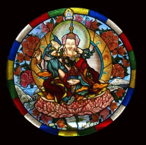 Custom Stained Glass Thangka: Himalayan Art: Peaceful YabYum 36" diameter: $ 5,050 USD