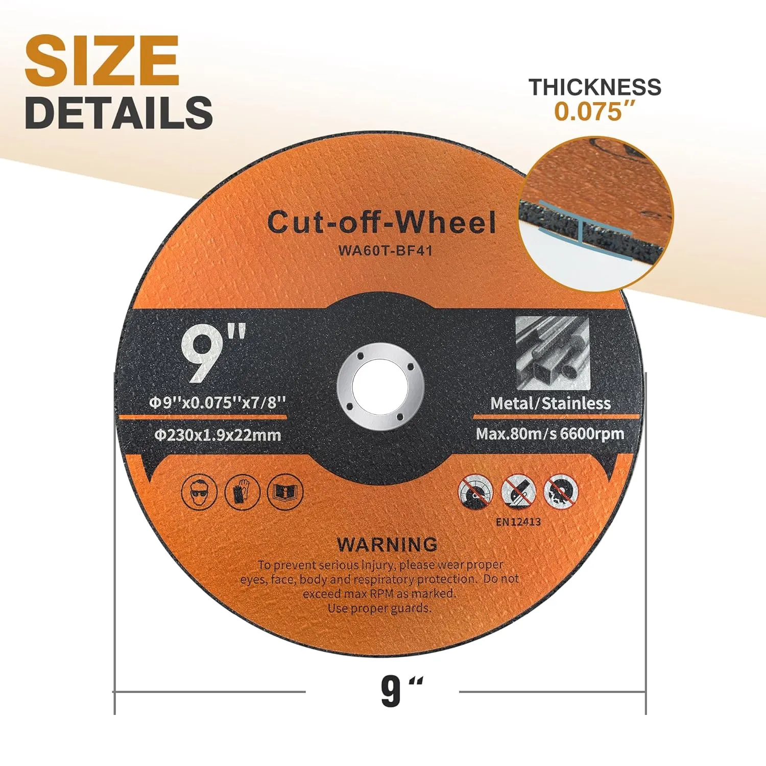 Cut Off Wheels - 9 Inch Cutting Wheel 9” x .075” x 7/8”Metal and Stainless Steel, 10ct.