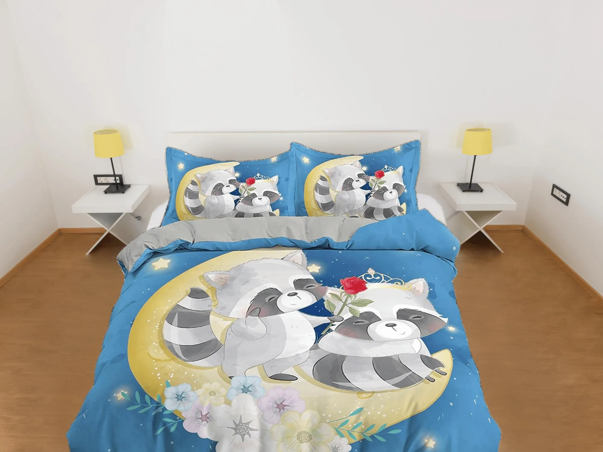 Cute fox lovers in crescent moon, blue toddler bedding, kids duvet cover, crib bedding, baby zipper bedding, king queen full twin