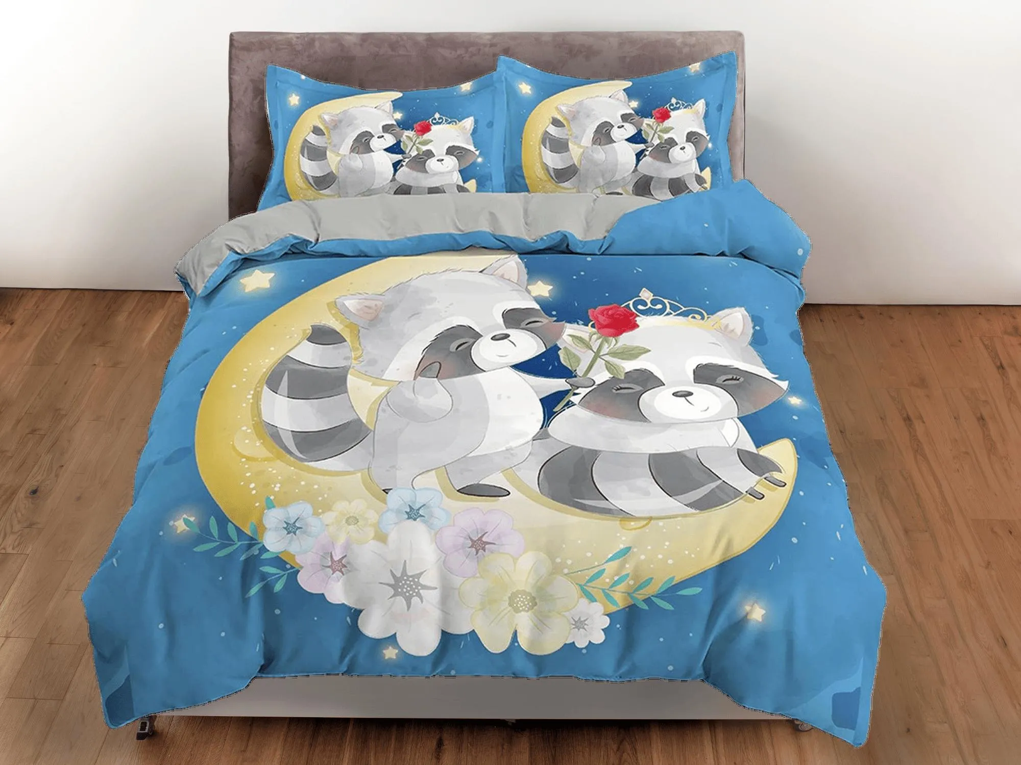 Cute fox lovers in crescent moon, blue toddler bedding, kids duvet cover, crib bedding, baby zipper bedding, king queen full twin