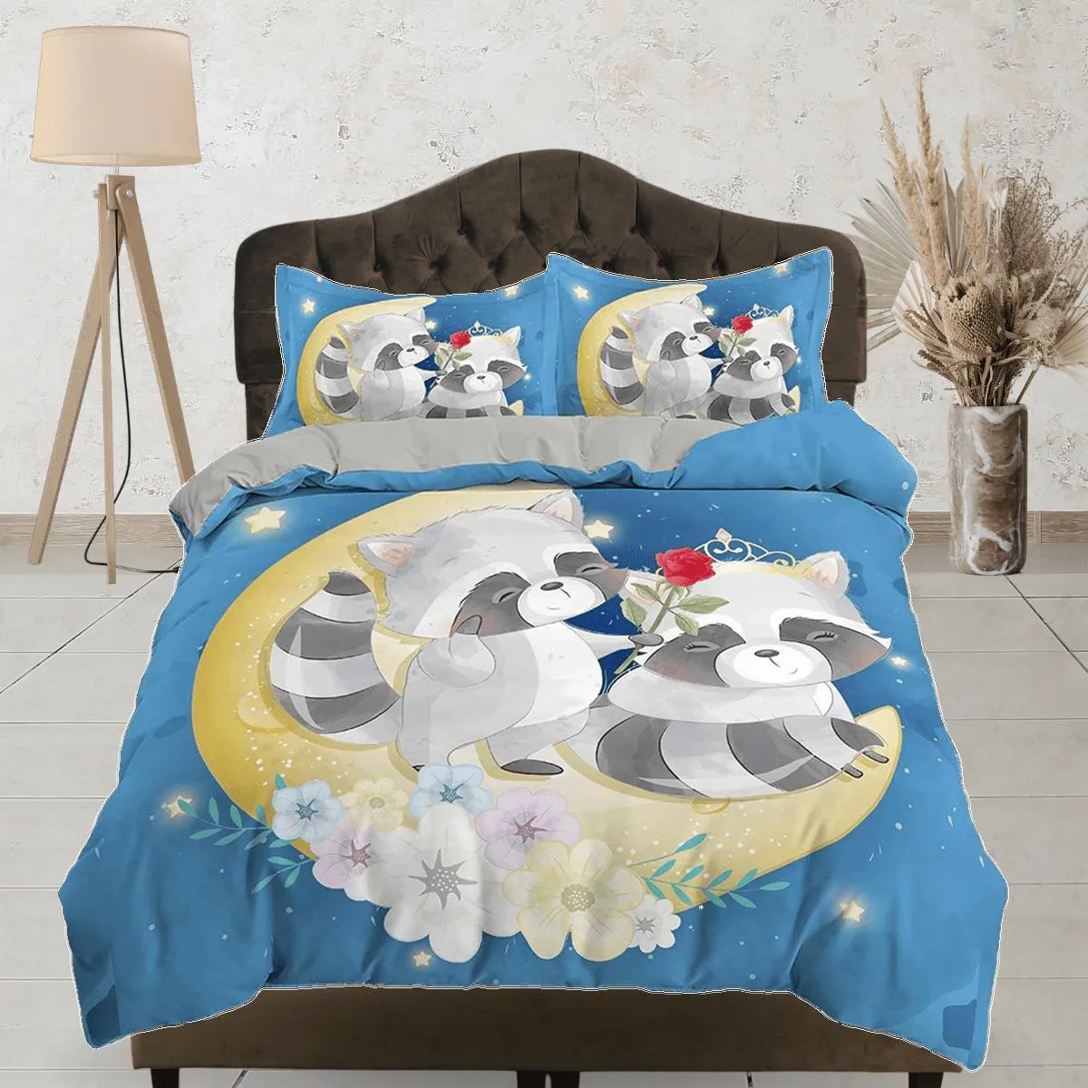 Cute fox lovers in crescent moon, blue toddler bedding, kids duvet cover, crib bedding, baby zipper bedding, king queen full twin