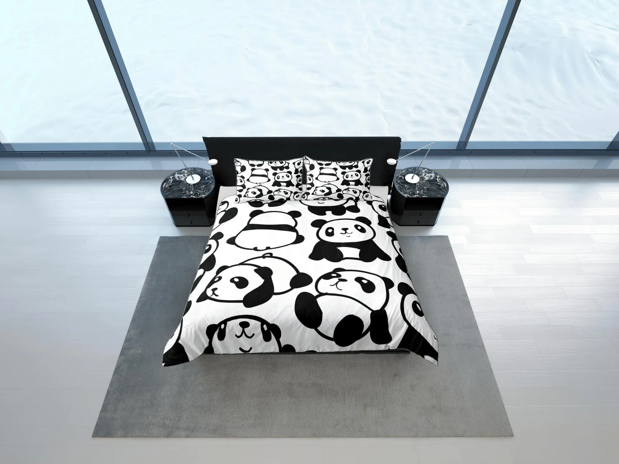 Cute Pandas Black & White Duvet Cover Set Colorful Bedspread, Kids Full Bedding Set with Pillowcase, King Queen Duvet Comforter Cover Twin