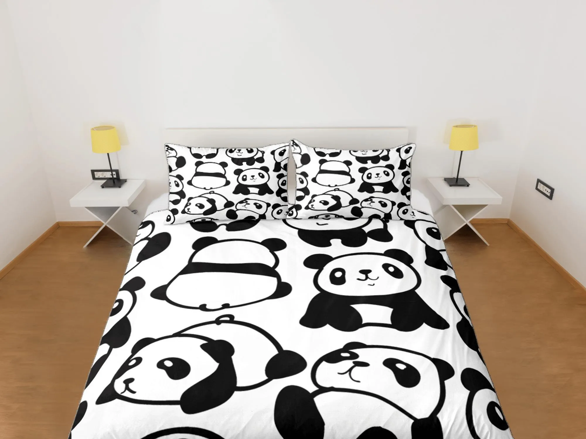 Cute Pandas Black & White Duvet Cover Set Colorful Bedspread, Kids Full Bedding Set with Pillowcase, King Queen Duvet Comforter Cover Twin