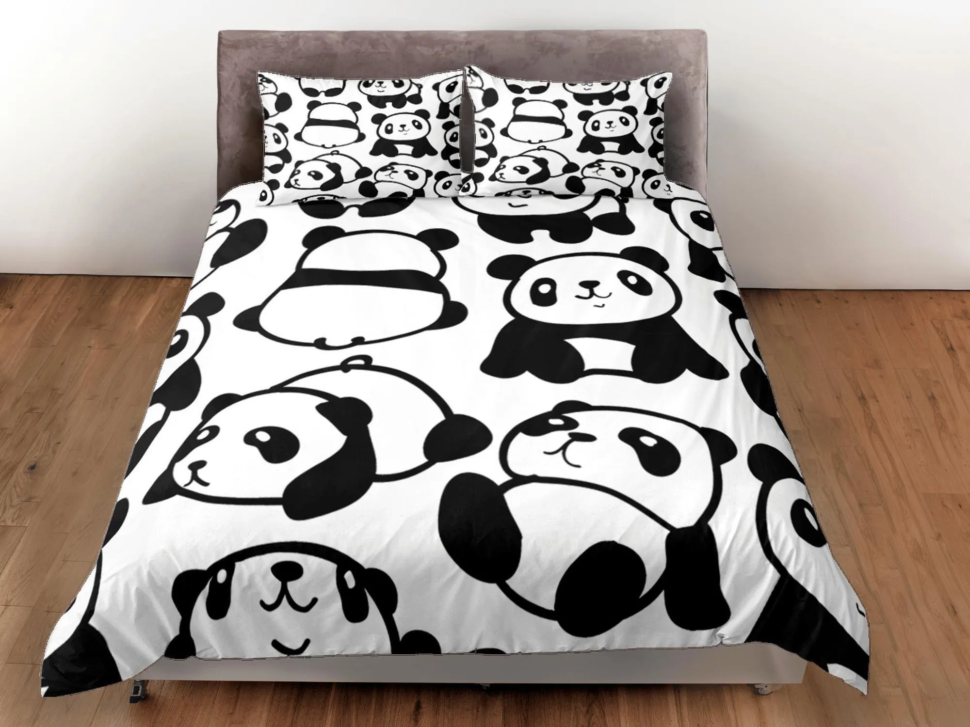 Cute Pandas Black & White Duvet Cover Set Colorful Bedspread, Kids Full Bedding Set with Pillowcase, King Queen Duvet Comforter Cover Twin