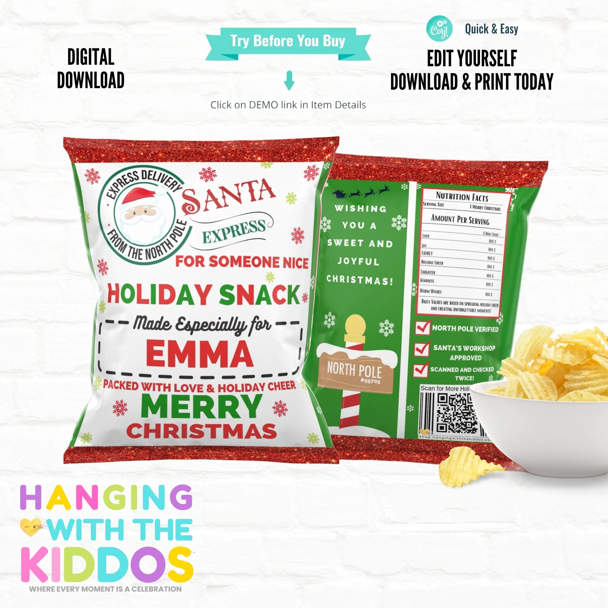 Editable Christmas Chip Bag Template | Festive Holiday Snack Wrapper