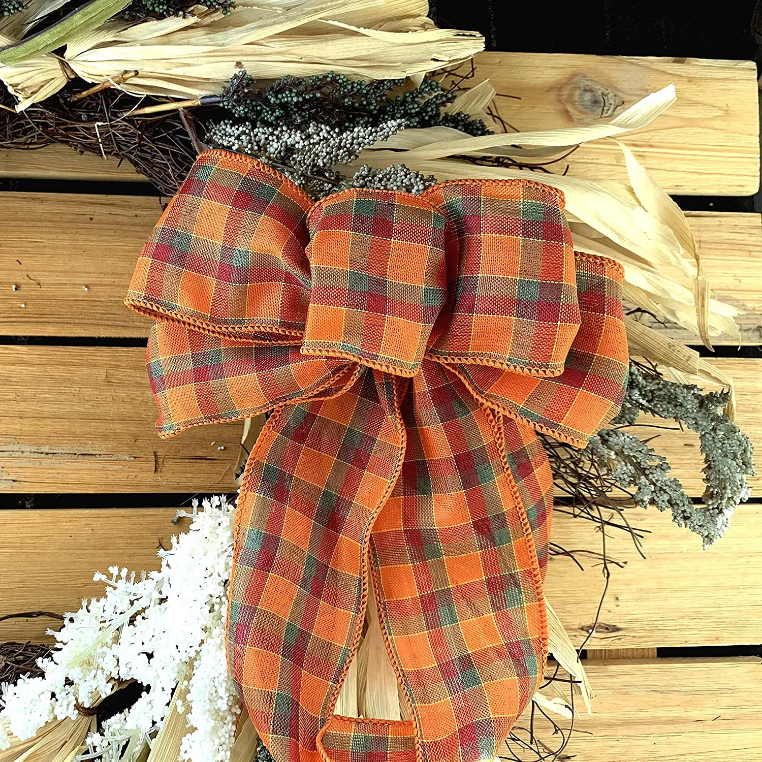 Fall Harvest Plaid Wired Ribbon - 2 1/2" x 50 Yards, Orange, Red