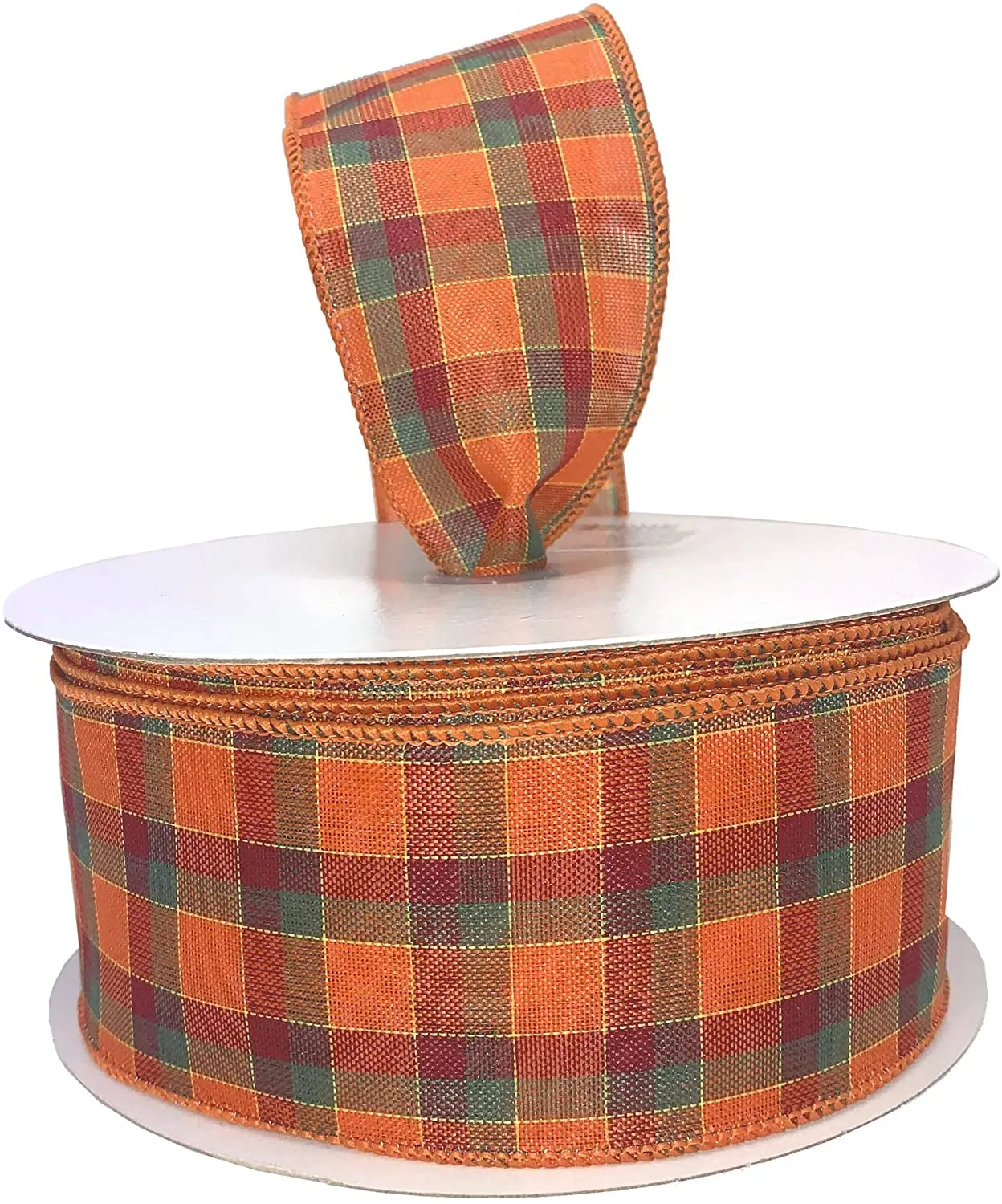 Fall Harvest Plaid Wired Ribbon - 2 1/2" x 50 Yards, Orange, Red