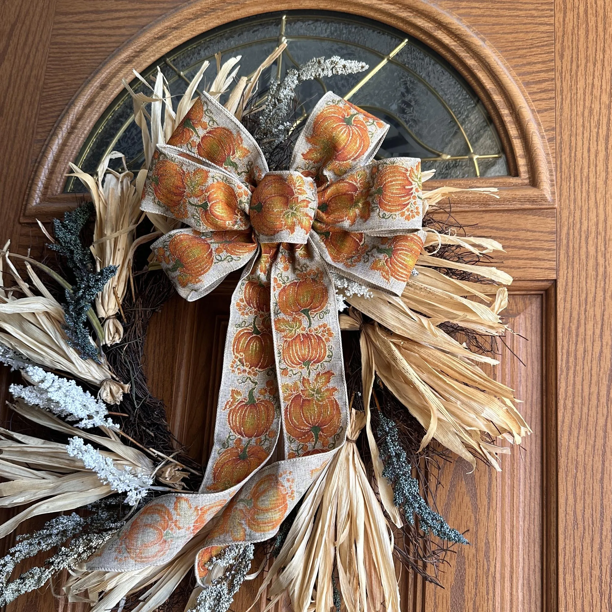 Fall Pumpkins Wreath Ribbon Bow - 10"x18", Orange, Beige, Tan, Harvest Decor