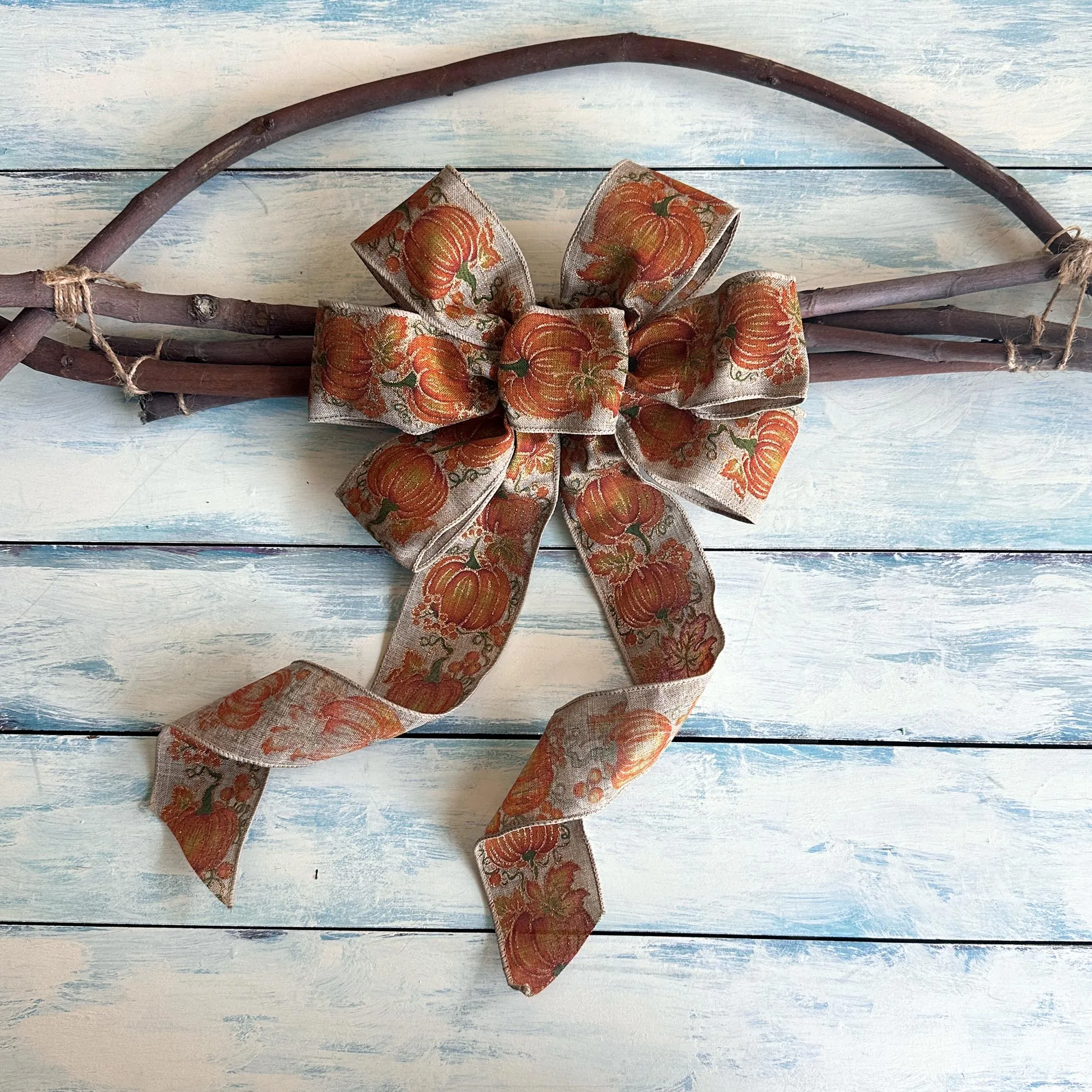 Fall Pumpkins Wreath Ribbon Bow - 10"x18", Orange, Beige, Tan, Harvest Decor