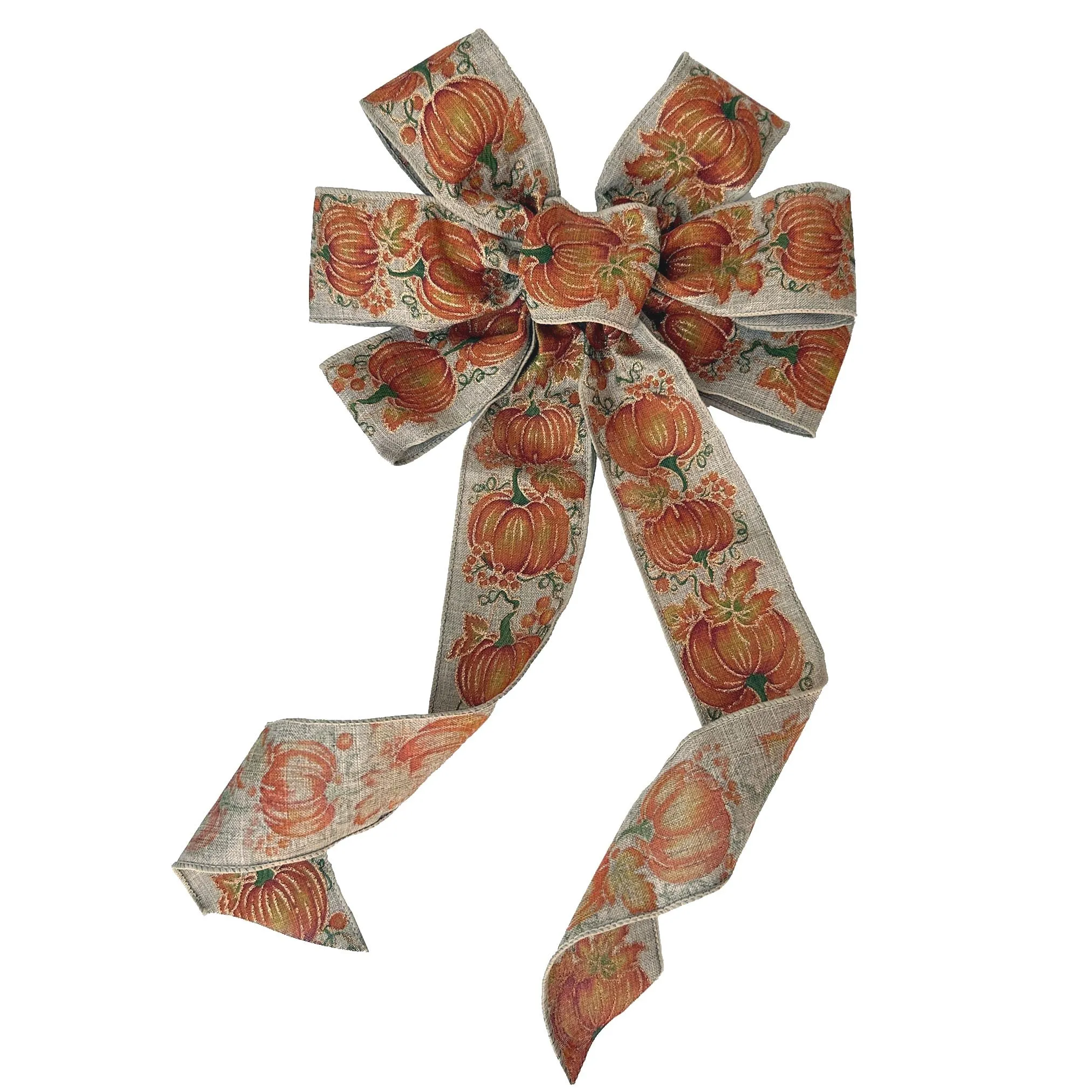 Fall Pumpkins Wreath Ribbon Bow - 10"x18", Orange, Beige, Tan, Harvest Decor