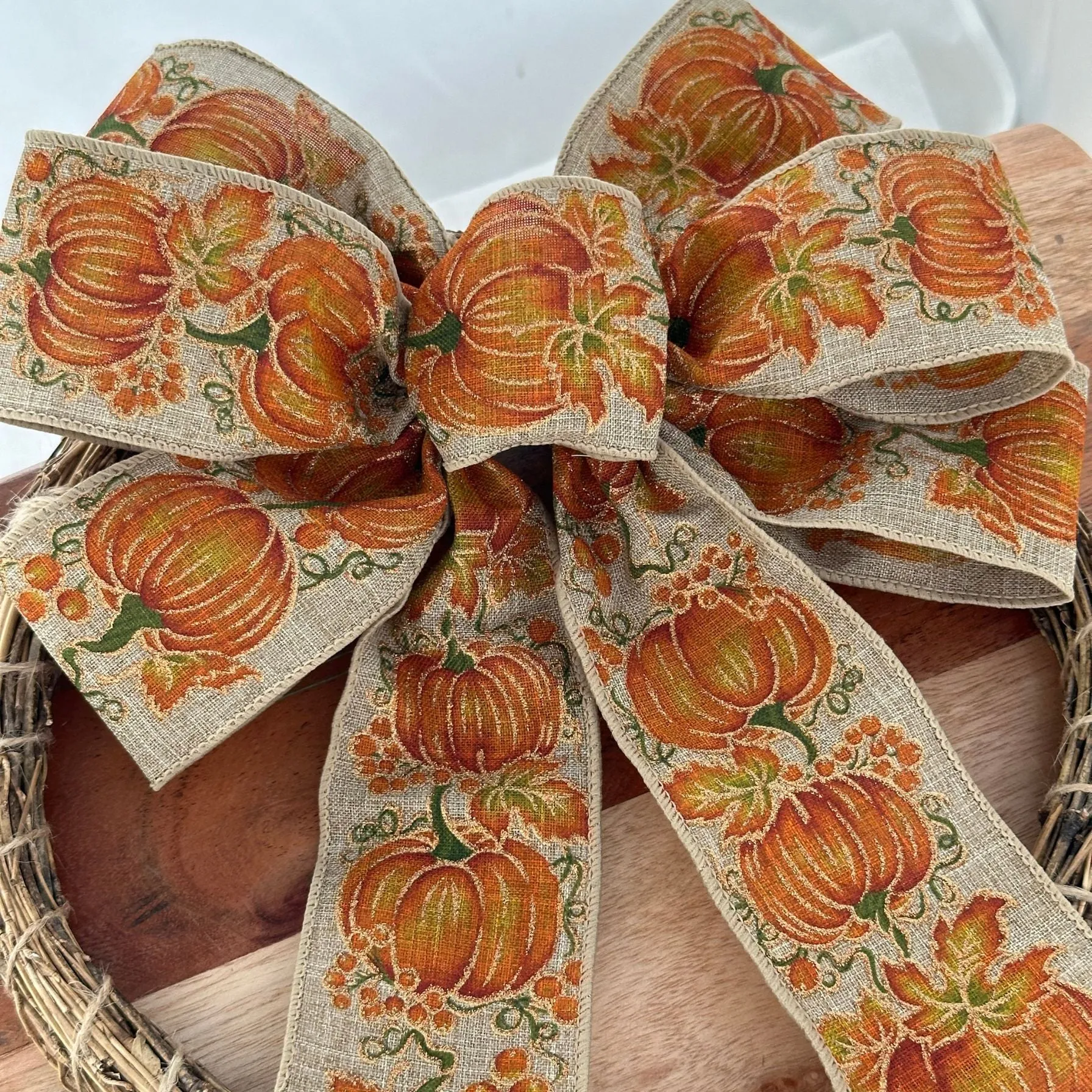 Fall Pumpkins Wreath Ribbon Bow - 10"x18", Orange, Beige, Tan, Harvest Decor