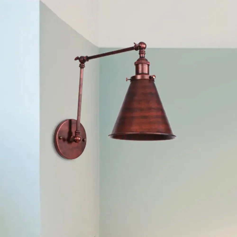 Farmhouse Cone Wall Sconce - Black/Rust Iron Lighting Fixture for Bedroom