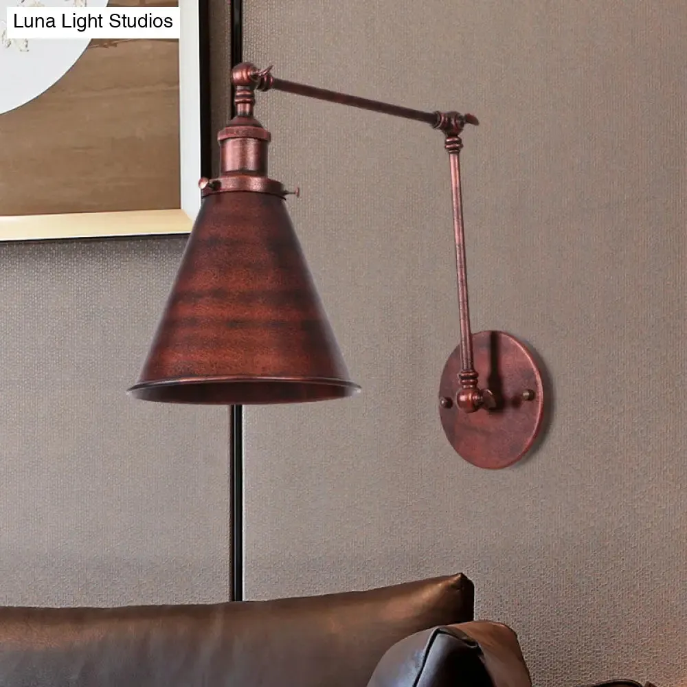 Farmhouse Cone Wall Sconce - Black/Rust Iron Lighting Fixture for Bedroom