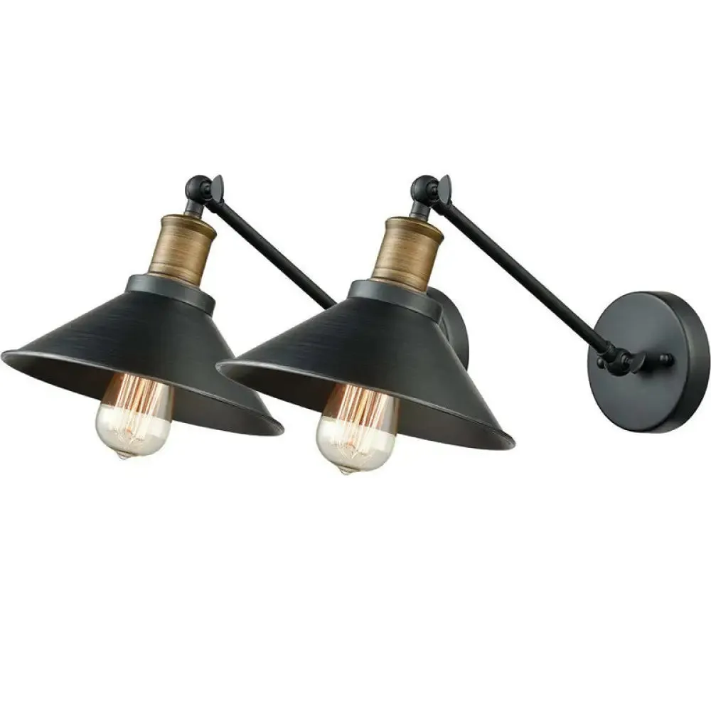 Farmhouse Metal Wall Light with Cone Shade - Black/Brass Mounted Bathroom Lamp, Pivot Joint - 1/2-Light