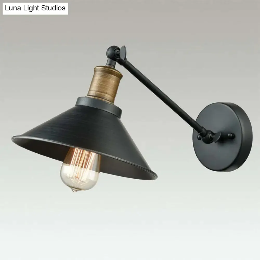 Farmhouse Metal Wall Light with Cone Shade - Black/Brass Mounted Bathroom Lamp, Pivot Joint - 1/2-Light