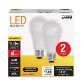 Feit LED A19 E26 (Medium) LED Bulb Soft White 100 Watt Equivalence 2 pk