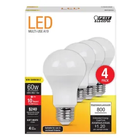 Feit LED A19 E26 (Medium) LED Bulb Soft White 60 Watt Equivalence 4 pk