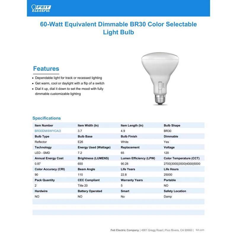 Feit LED BR30 E26 (Medium) LED Bulb Tunable White/Color Changing 65 Watt Equivalence 2 pk