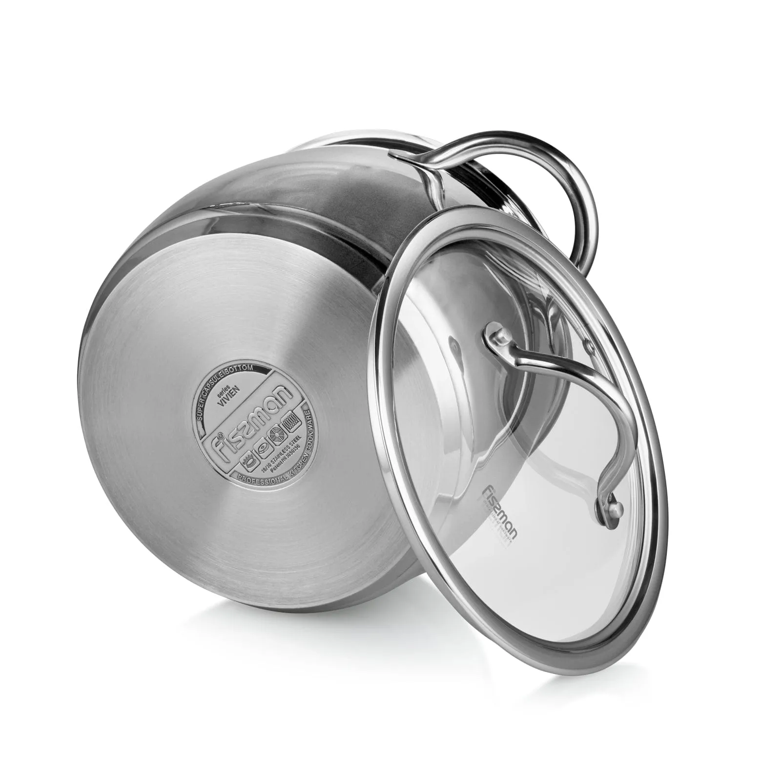 Fissman Stockpot With Glass Lid 18/10 (INOX304) Stainless Steel With Induction Bottom Silver 22x18.7cm/7.7Liters