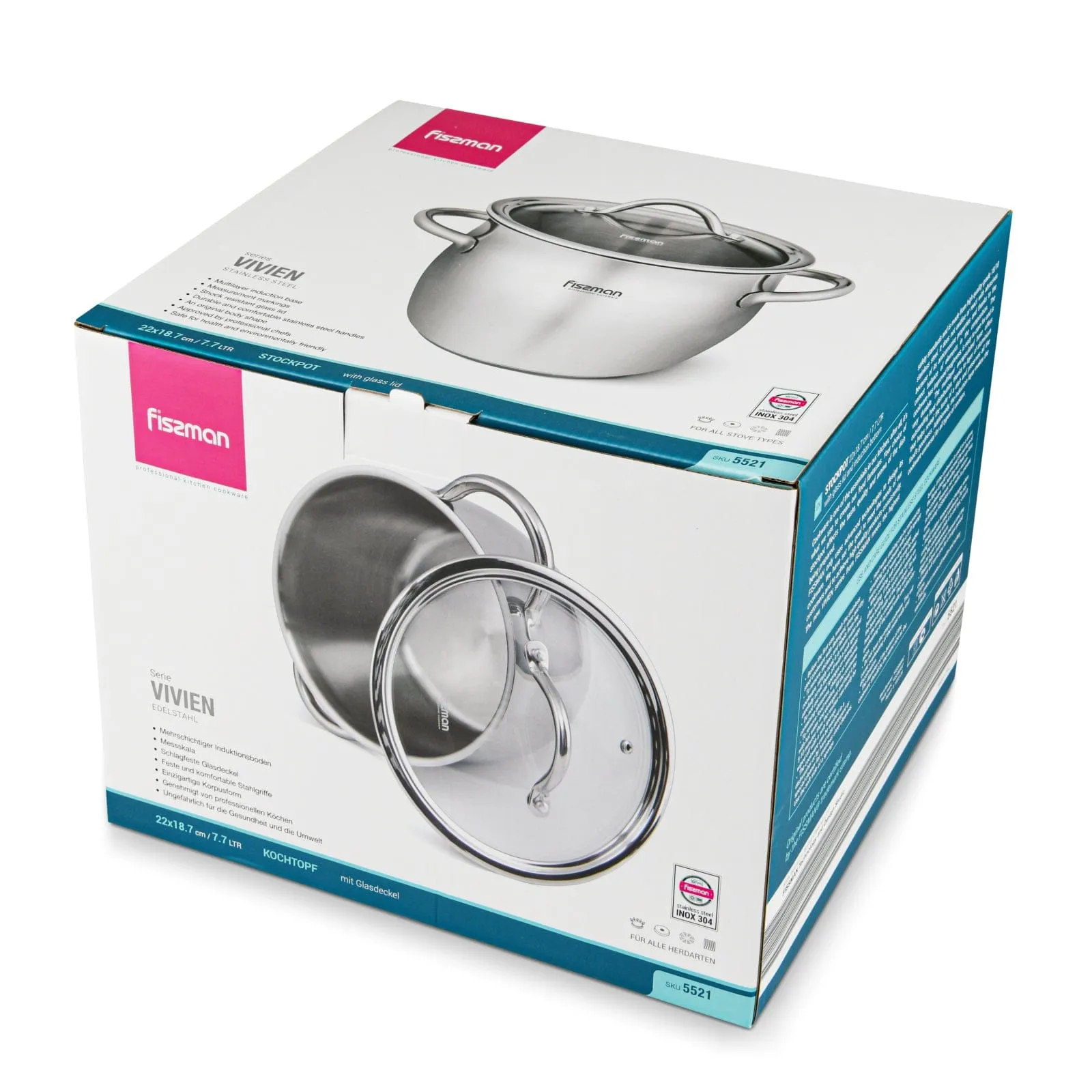 Fissman Stockpot With Glass Lid 18/10 (INOX304) Stainless Steel With Induction Bottom Silver 22x18.7cm/7.7Liters