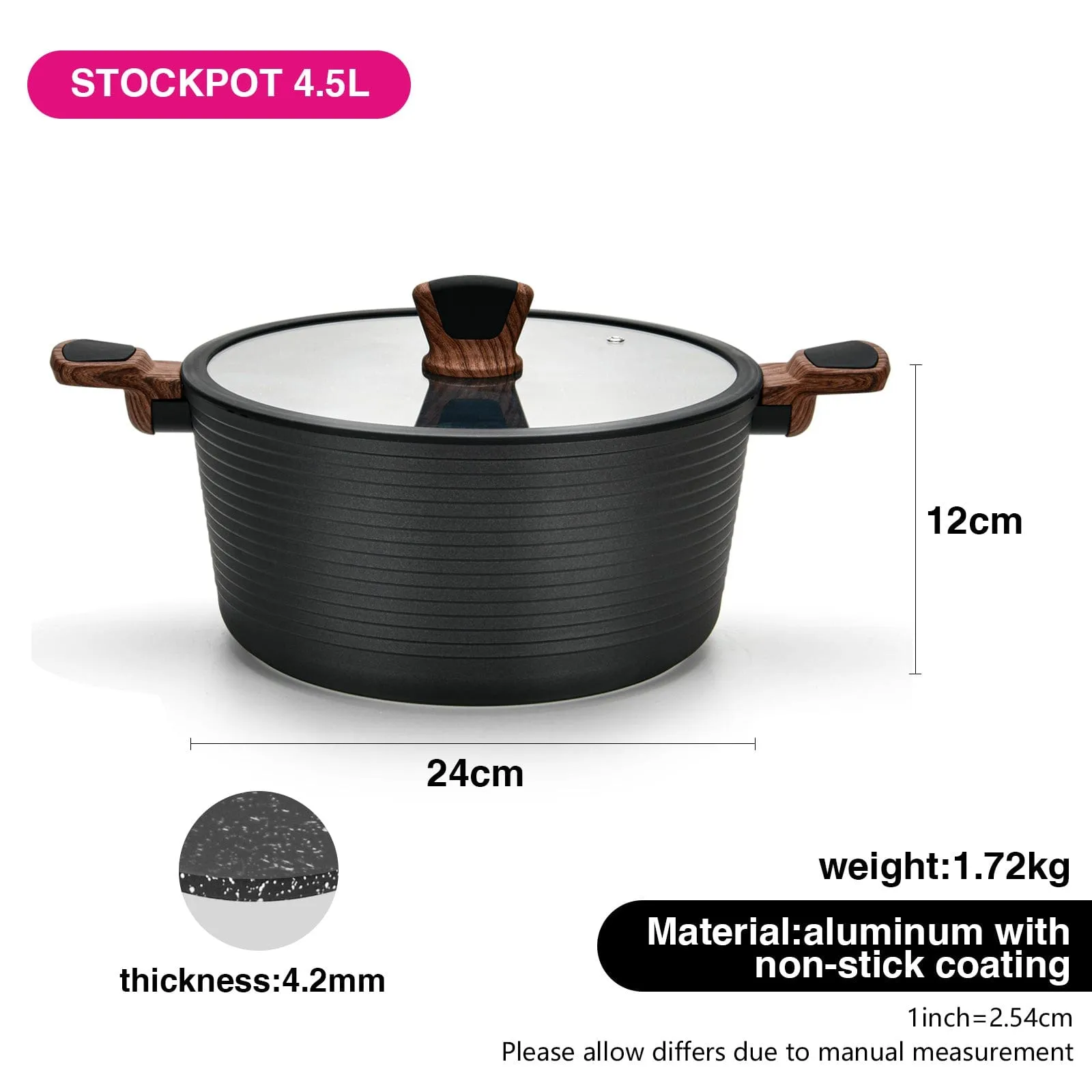 Fissman Stockpot With Glass Lid  Aluminium With Non-Stick Coating Diamond Series Grey/Clear 24x12cm