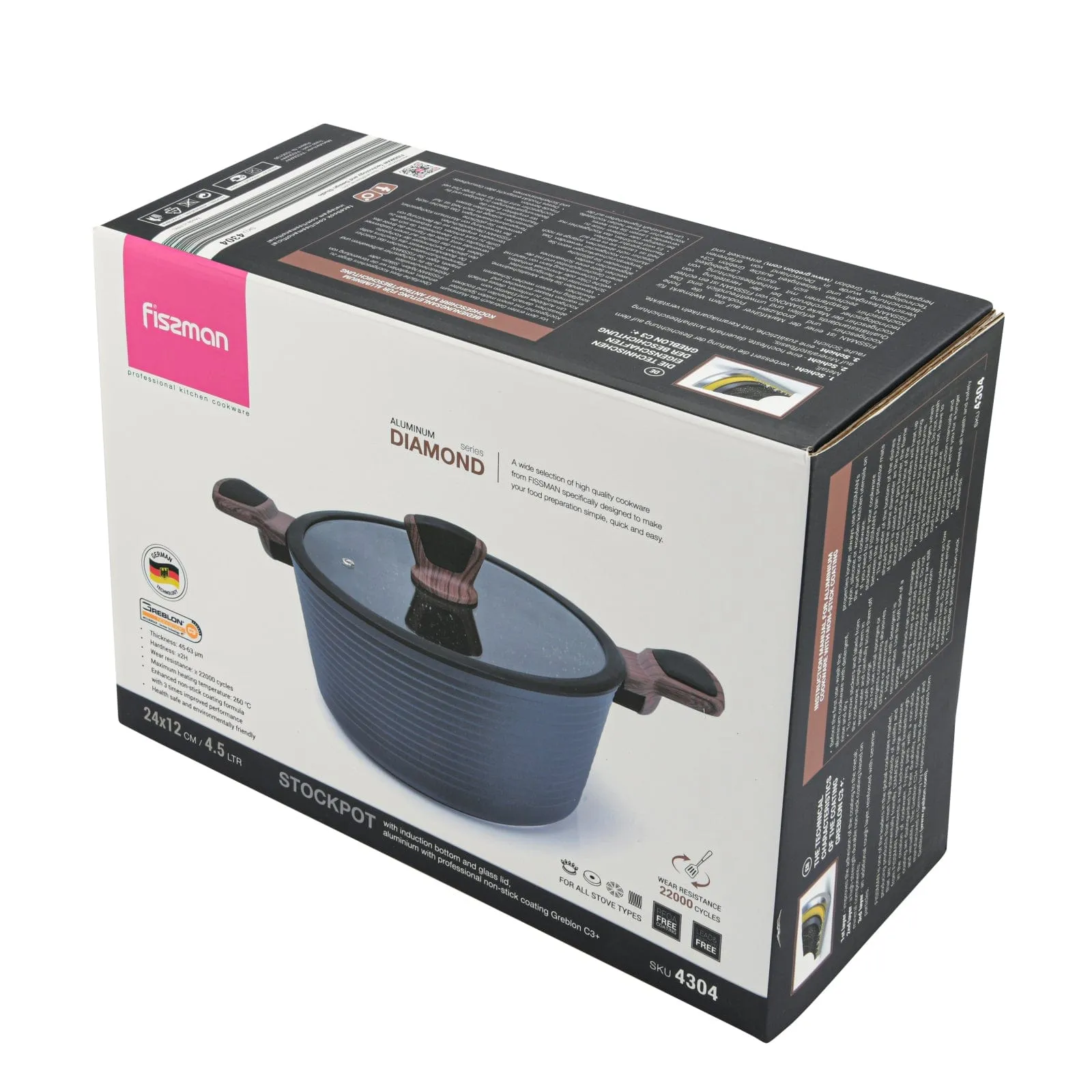 Fissman Stockpot With Glass Lid  Aluminium With Non-Stick Coating Diamond Series Grey/Clear 24x12cm