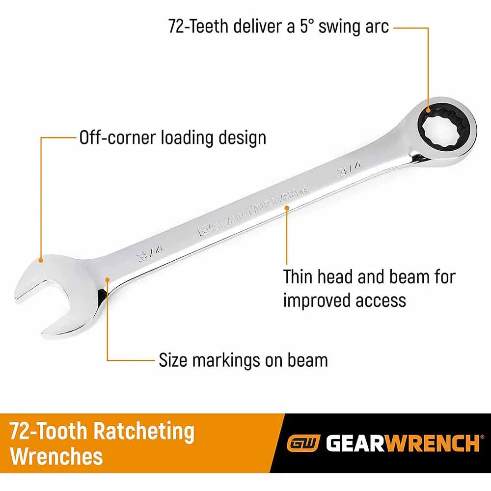 GearWrench 85034 34 Pc. 72-Tooth 12 Point Standard & Stubby Ratcheting Combination SAE/Metric Wrench Set