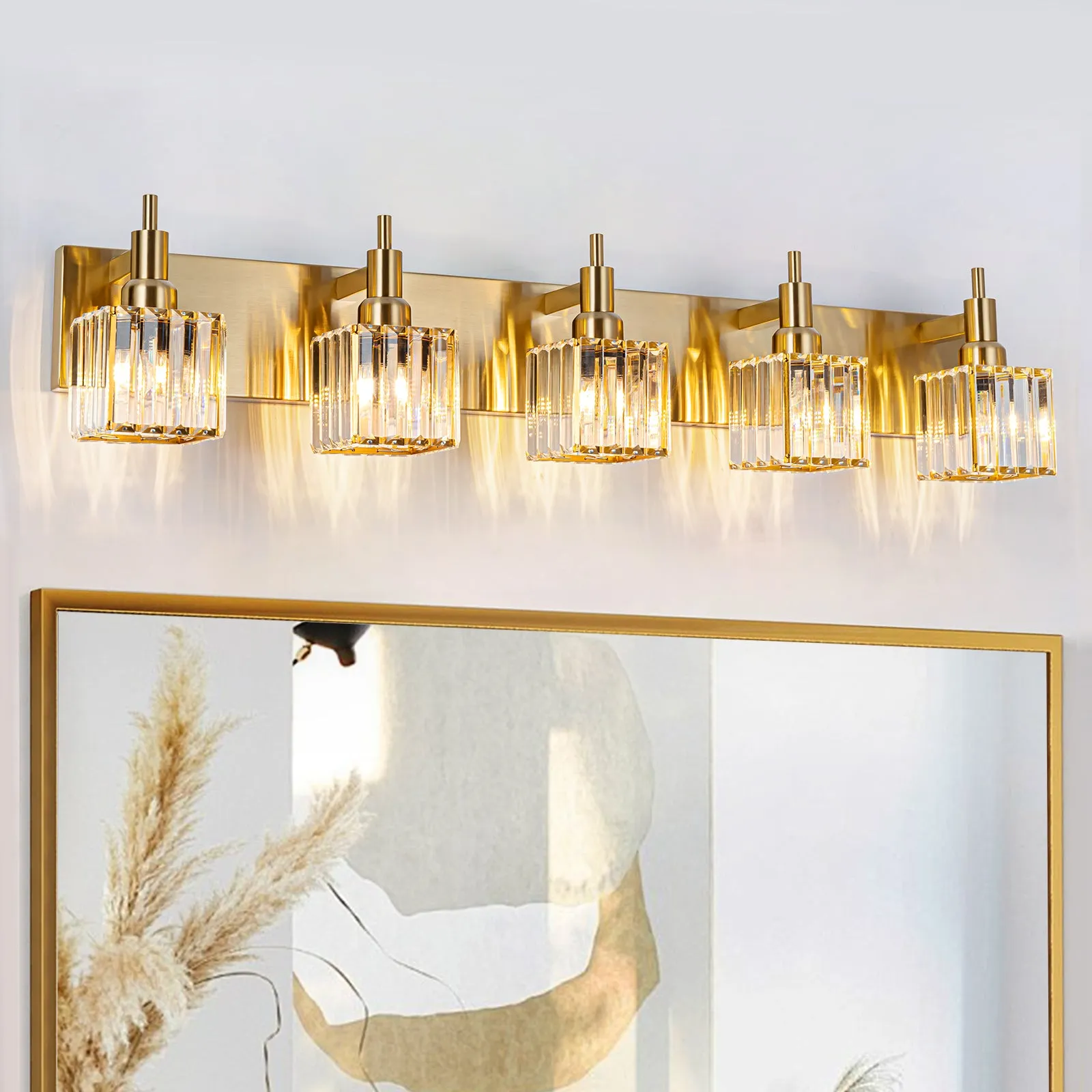 Glowlings 3/4/5-Light Modern Brass Square Crystal Bathroom Vanity Light fixture Over Mirror