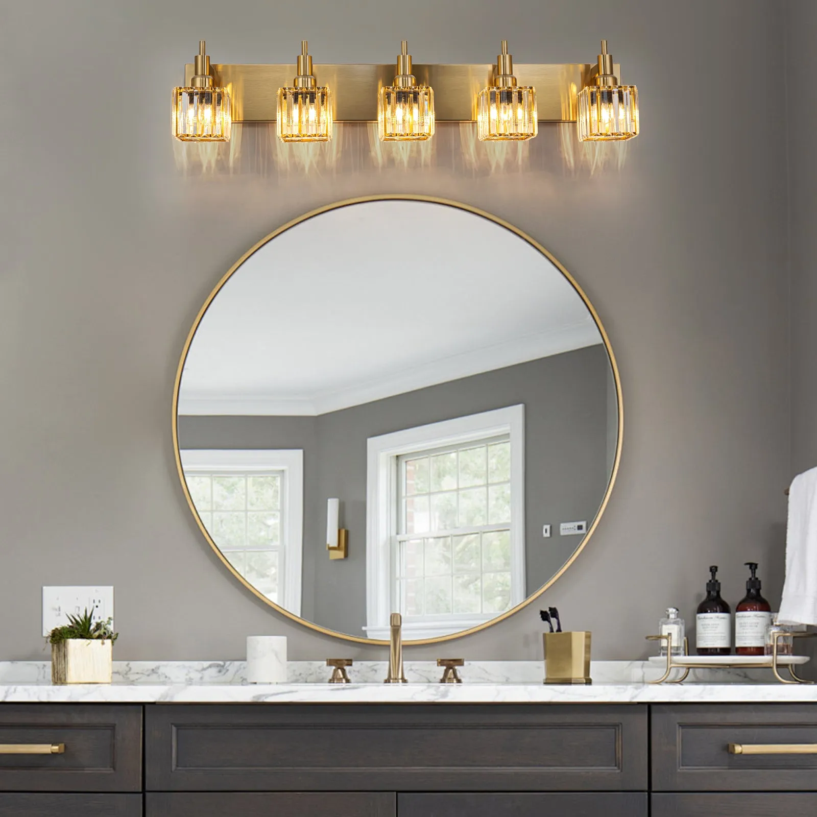 Glowlings 3/4/5-Light Modern Brass Square Crystal Bathroom Vanity Light fixture Over Mirror