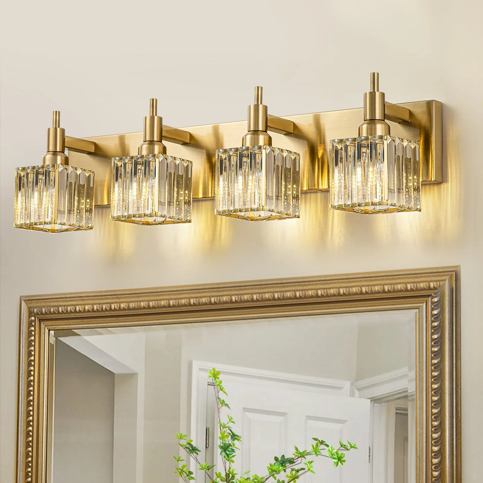 Glowlings 3/4/5-Light Modern Brass Square Crystal Bathroom Vanity Light fixture Over Mirror