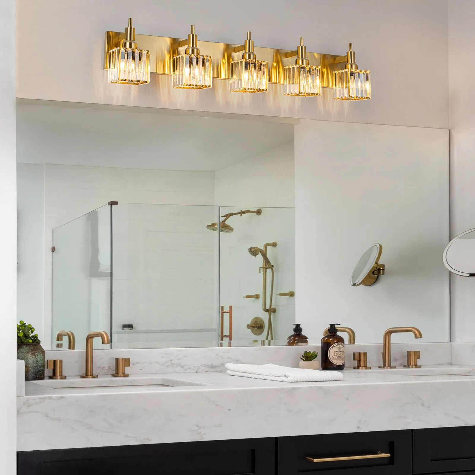 Glowlings 3/4/5-Light Modern Brass Square Crystal Bathroom Vanity Light fixture Over Mirror