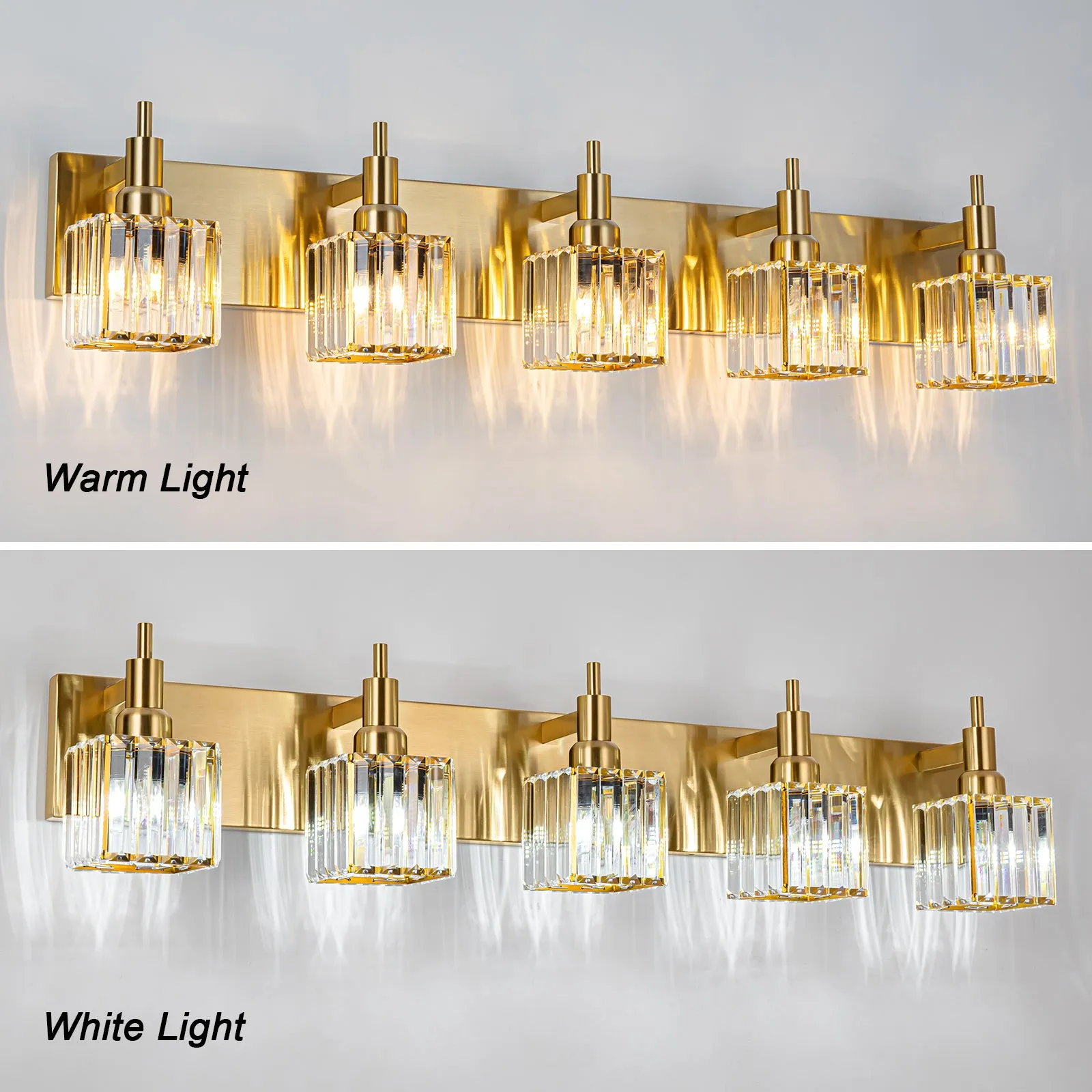 Glowlings 3/4/5-Light Modern Brass Square Crystal Bathroom Vanity Light fixture Over Mirror