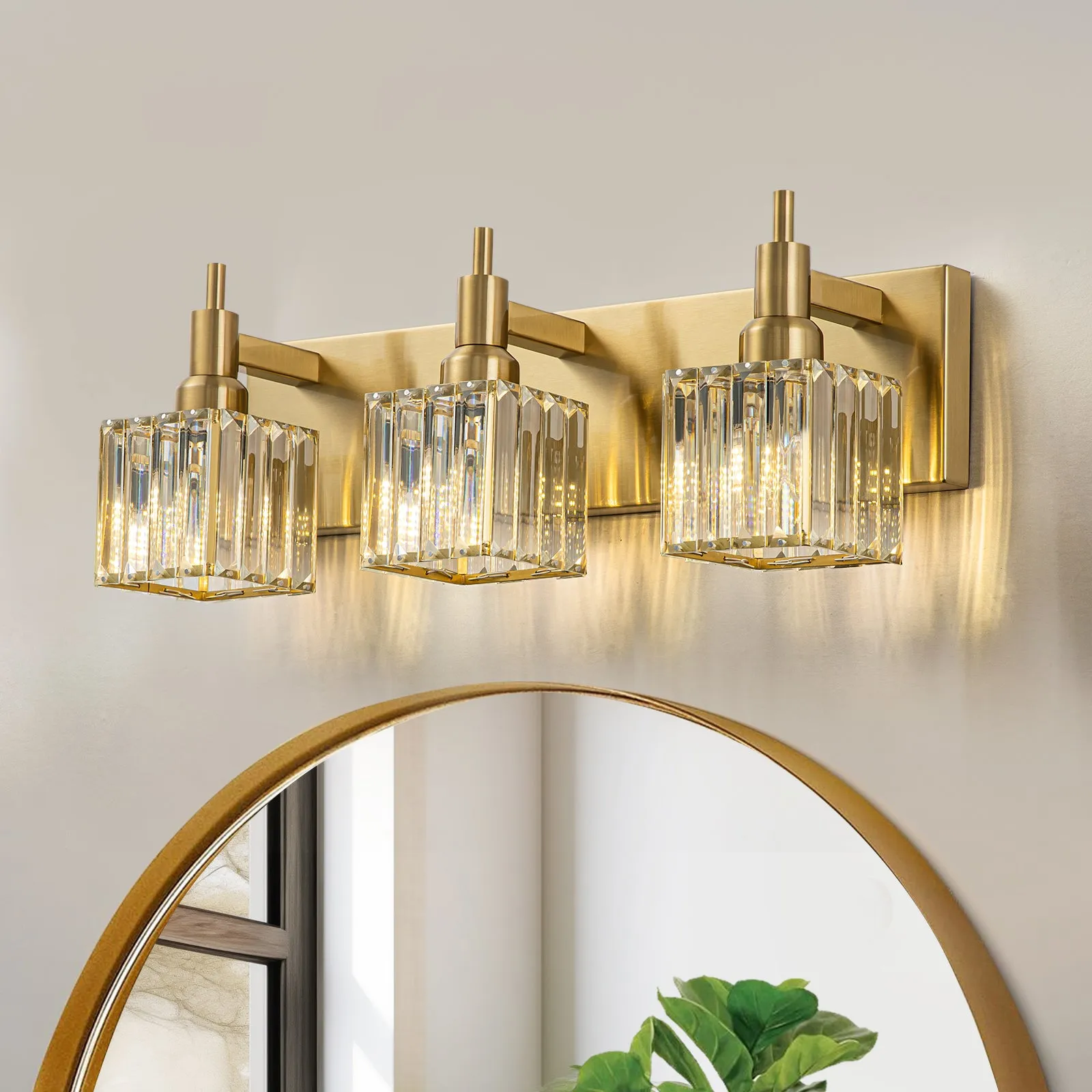 Glowlings 3/4/5-Light Modern Brass Square Crystal Bathroom Vanity Light fixture Over Mirror