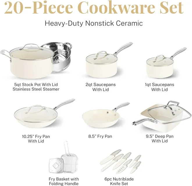 Gotham Steel Cream with Silver Handles 20 Piece Cookware Set