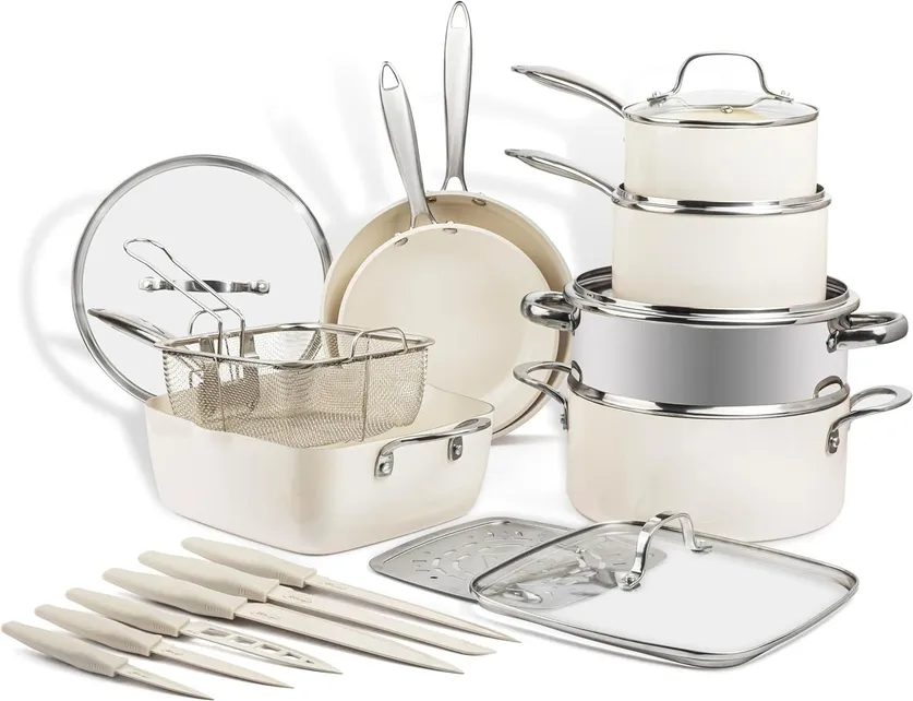 Gotham Steel Cream with Silver Handles 20 Piece Cookware Set