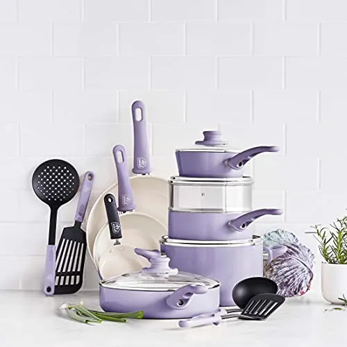 GreenLife Soft Grip Healthy Ceramic Nonstick, 16 Piece Cookware Pots and Pans Set, PFAS-Free, Dishwasher Safe, Lavender