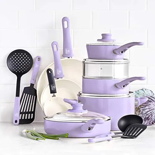 GreenLife Soft Grip Healthy Ceramic Nonstick, 16 Piece Cookware Pots and Pans Set, PFAS-Free, Dishwasher Safe, Lavender