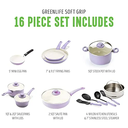 GreenLife Soft Grip Healthy Ceramic Nonstick, 16 Piece Cookware Pots and Pans Set, PFAS-Free, Dishwasher Safe, Lavender