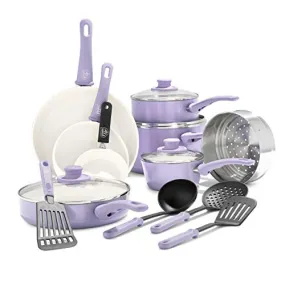 GreenLife Soft Grip Healthy Ceramic Nonstick, 16 Piece Cookware Pots and Pans Set, PFAS-Free, Dishwasher Safe, Lavender