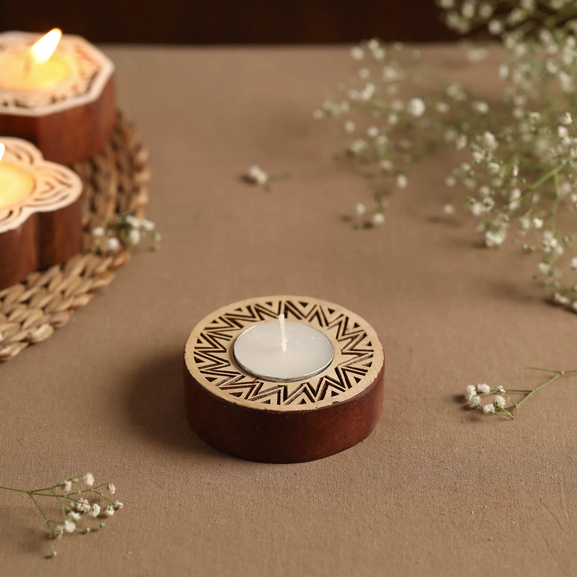 Hand Carved Sheesham Wood Block Tealight Candle Holder