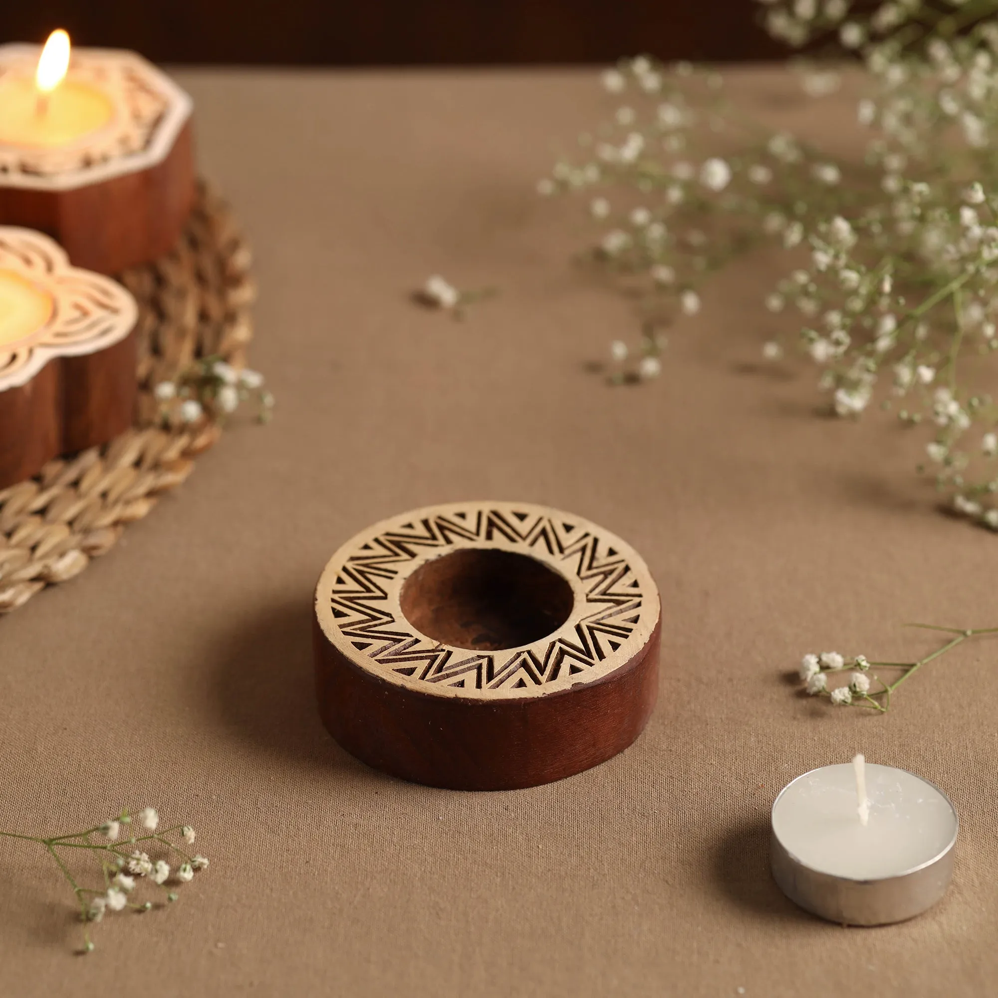 Hand Carved Sheesham Wood Block Tealight Candle Holder