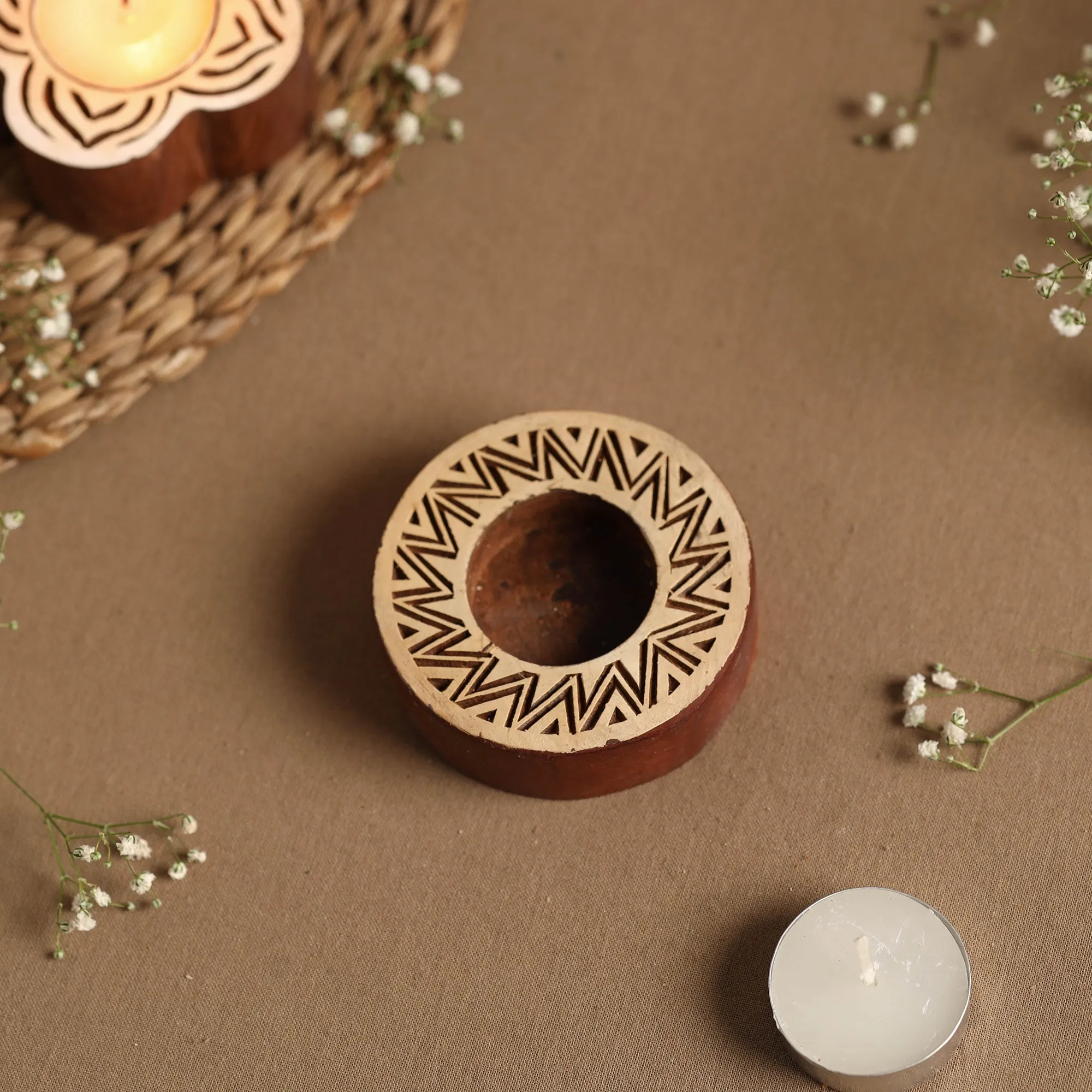 Hand Carved Sheesham Wood Block Tealight Candle Holder