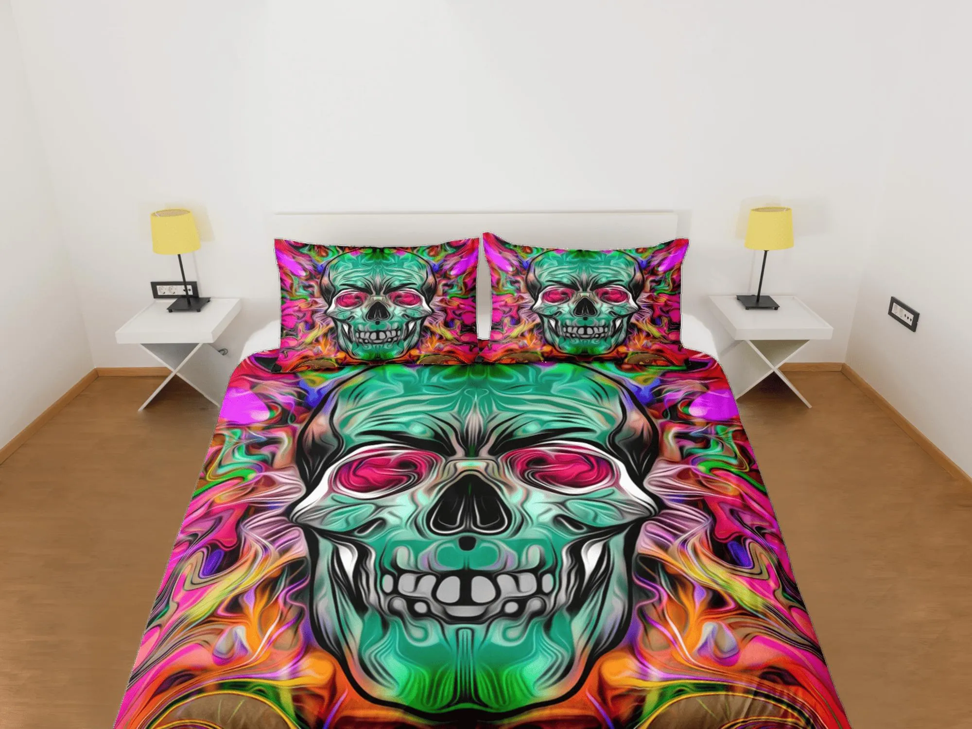 Hippie Neon Colors Duvet Cover Set Colorful Skull Bedspread, Dorm Bedding Pillowcase