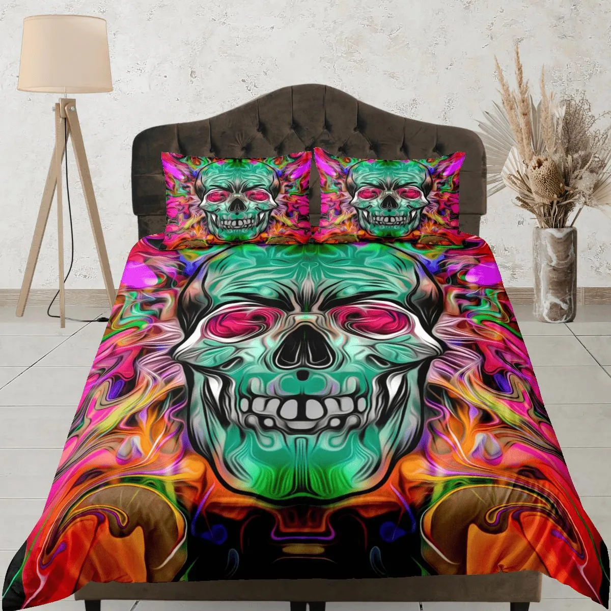 Hippie Neon Colors Duvet Cover Set Colorful Skull Bedspread, Dorm Bedding Pillowcase