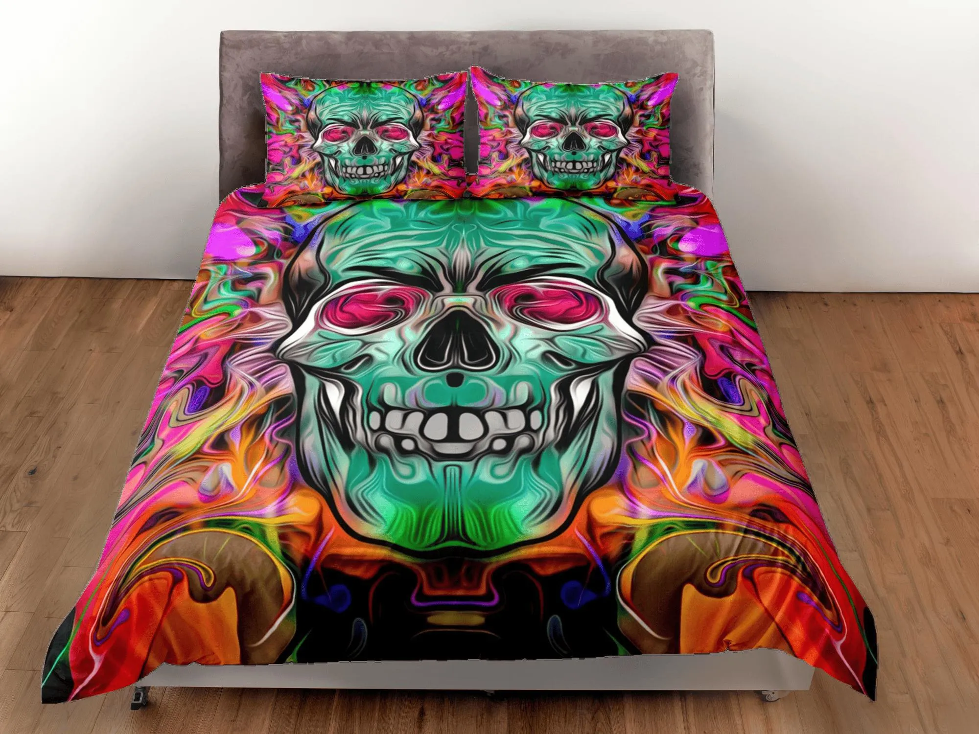 Hippie Neon Colors Duvet Cover Set Colorful Skull Bedspread, Dorm Bedding Pillowcase