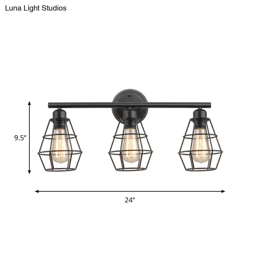 Industrial 3-Light Black Wall Sconce with Metal Cage Shade for Bathroom