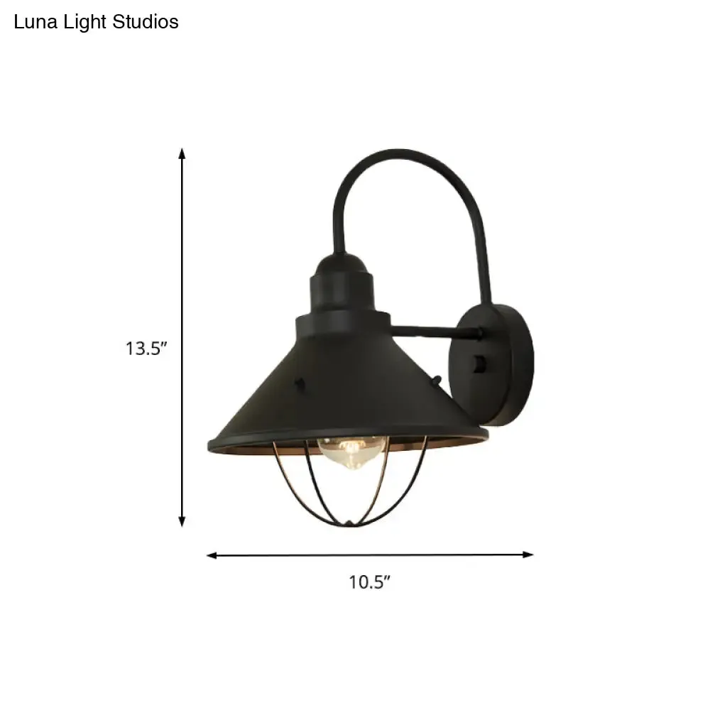 Industrial Black Metal Sconce with Cage and Cone Shade