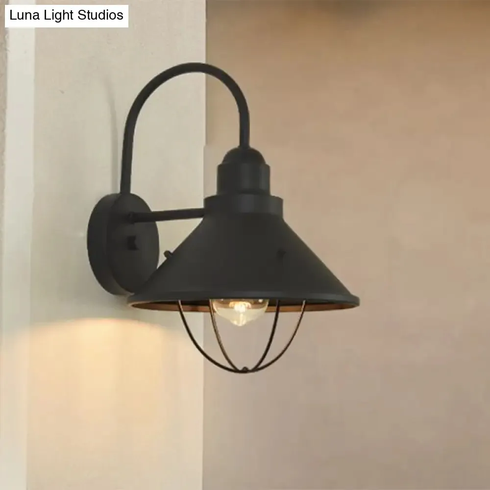 Industrial Black Metal Sconce with Cage and Cone Shade